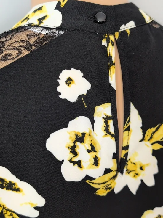 Cleo Black & Yellow Floral Blouse with Lace Sleeve Inset - Size M - Picture 10 of 14